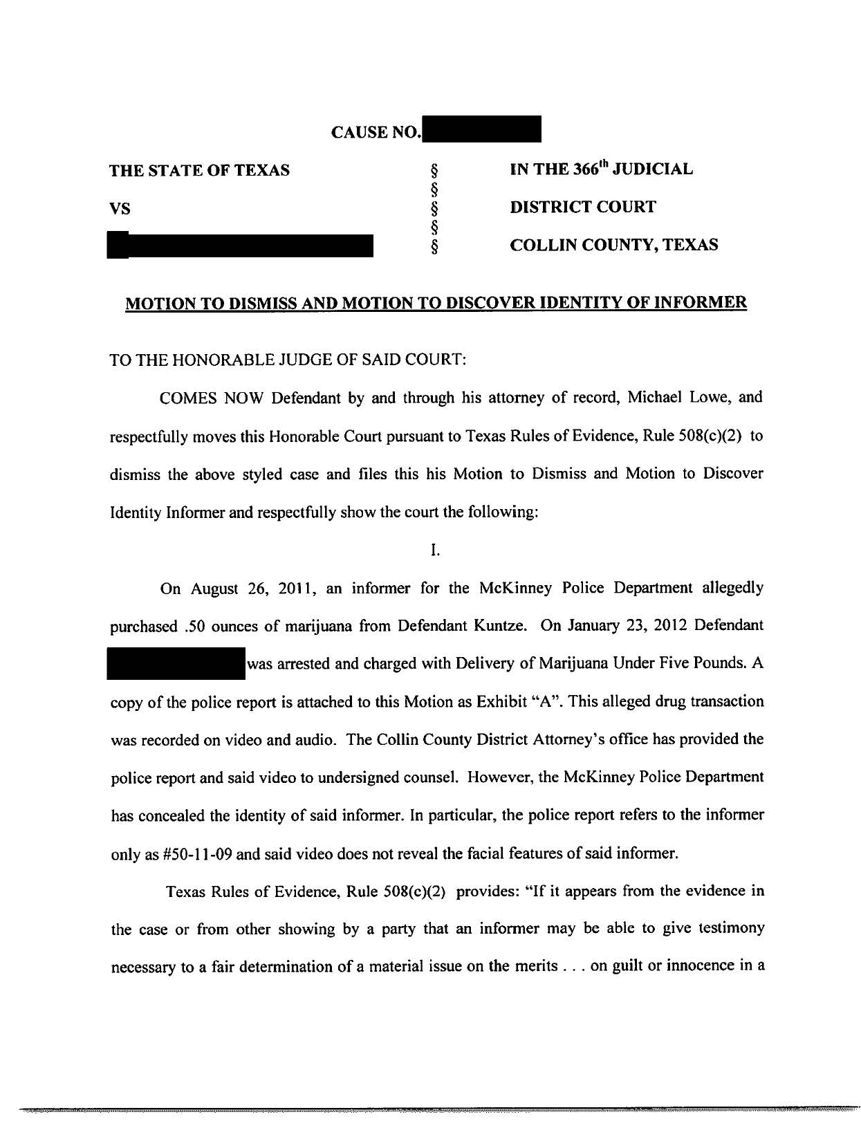 Legal motion filed to discover identity of confidential informant in Texas drug case under Rule 508