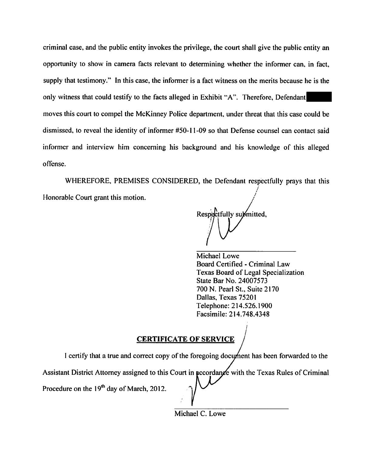 Second page of legal motion citing Texas Rule of Evidence 508 for informant identity discovery