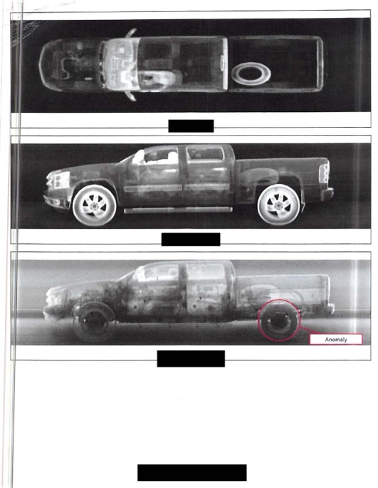 X-ray scan showing hidden compartment in vehicle used for drug trafficking investigation in Texas