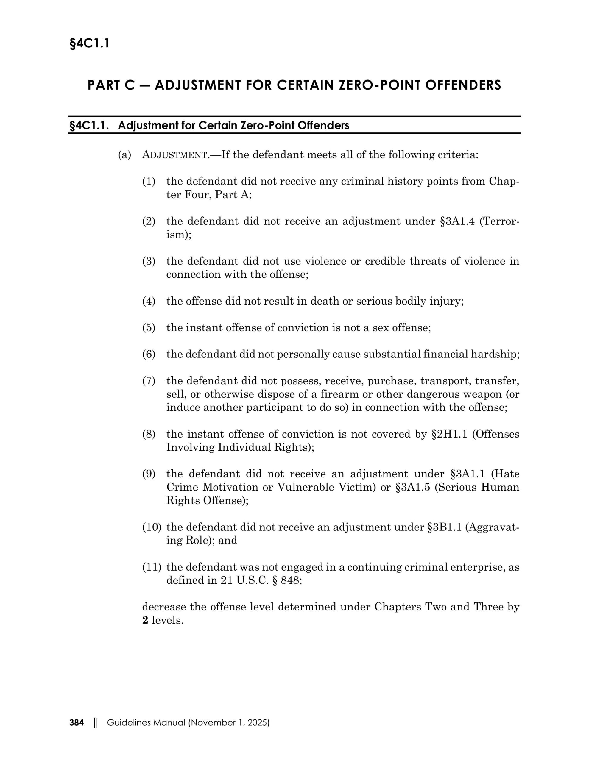 Document showing adjustments for zero-point offenders in federal sentencing guidelines