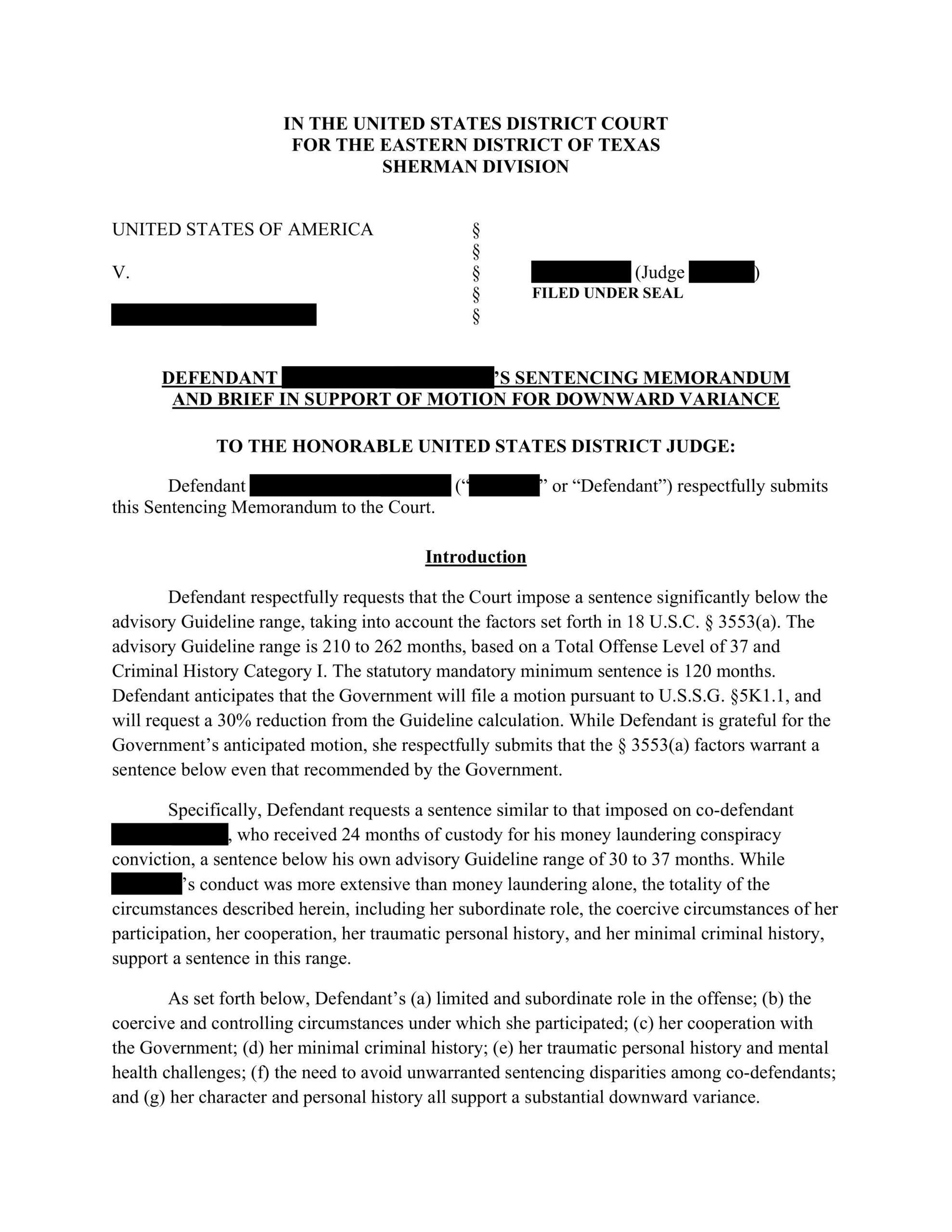 Document showing request to lower sentence below federal guidelines
