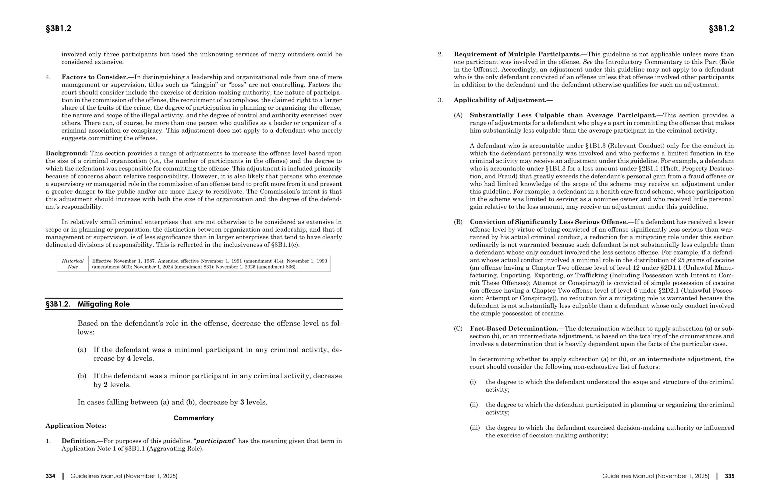 Document showing mitigating role factors in federal sentencing