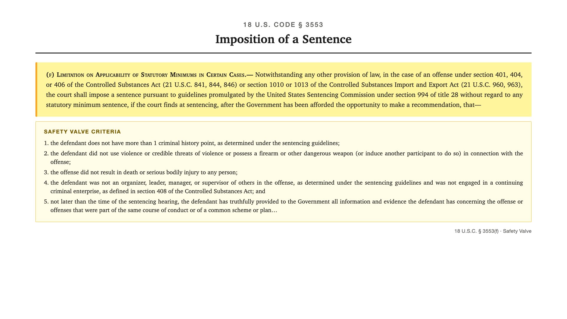 Document showing safety value requirements for federal sentencing guidelines