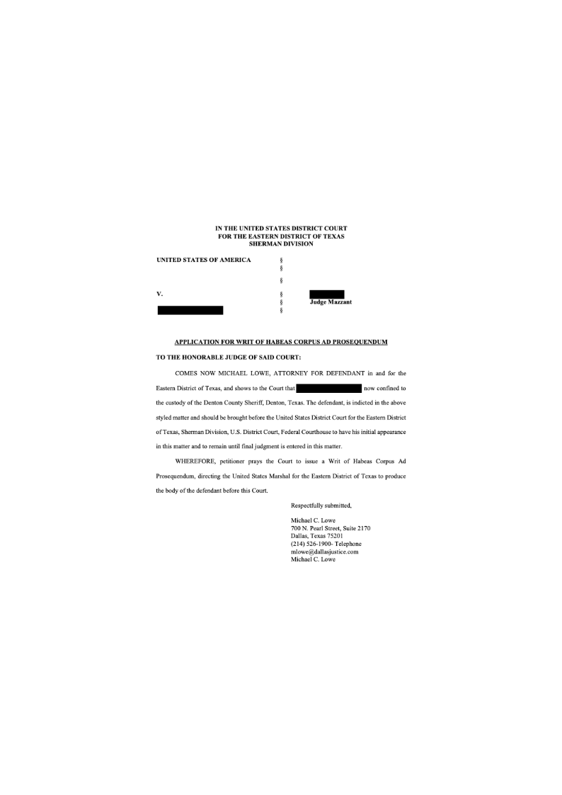 Example of an Application for Writ of Habeas Corpus Ad Prosequendum filed in federal court